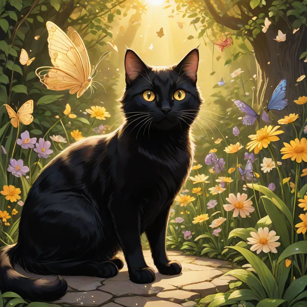 a black cat sitting in a garden with butterflies and flowers around it, looking at the camera with a bright yellow eye, fantasy art, a storybook illustration, Drew Struzan, official art