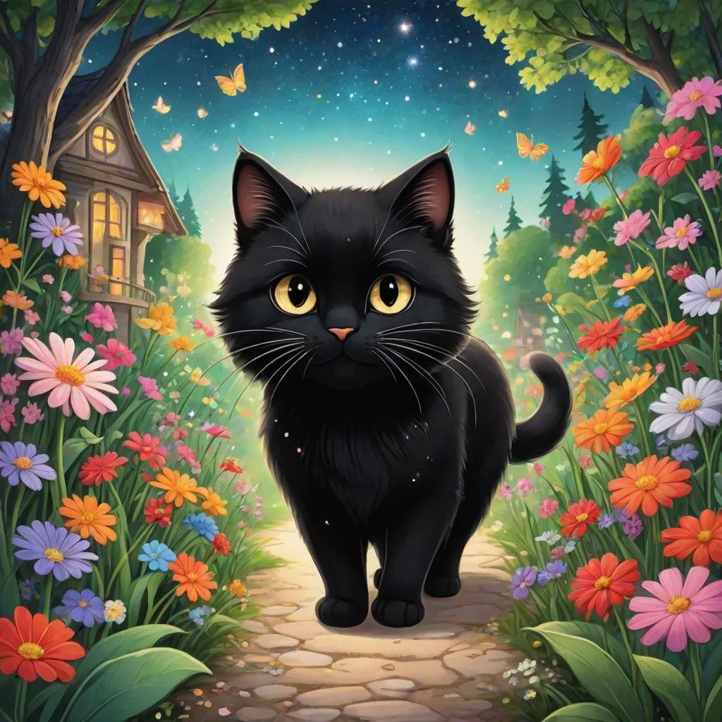a black cat is standing in a garden with flowers and a house in the background with a butterfly flying overhead, fantasy art, a storybook illustration, Chris LaBrooy, official art