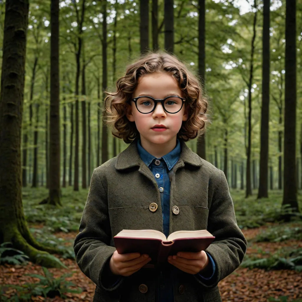 a young boy wearing glasses and reading a book in the woods with trees in the background and leaves on the ground, a storybook illustration, Daniel Lieske, magical realism, promotional image
