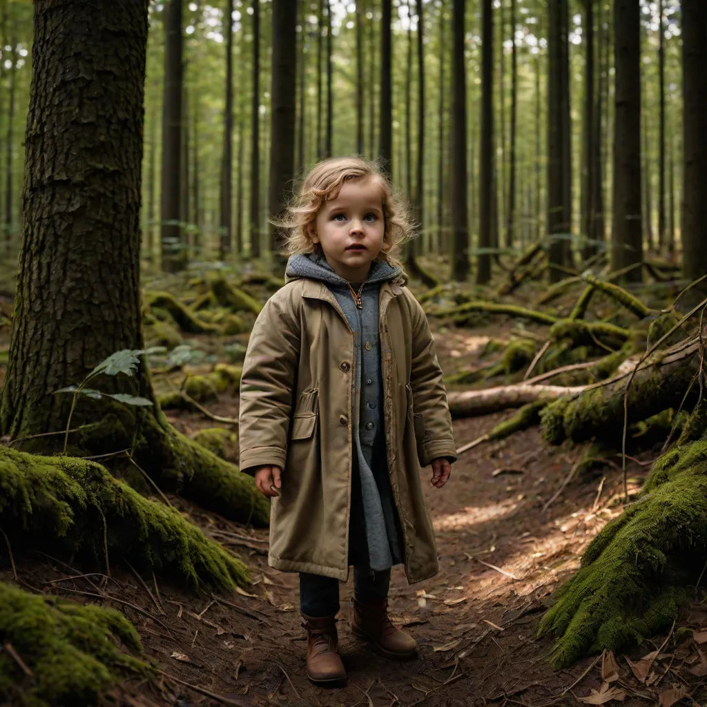 a little girl standing in the middle of a forest with moss growing on the ground and trees in the background, a storybook illustration, Daniel Lieske, environmental art, award-winning photograph