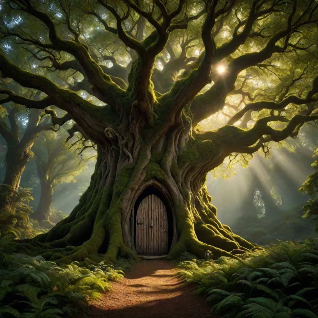 a tree with a door in it in the middle of a forest with sunbeams shining through the trees, a detailed matte painting, David Martin, fantasy art, enchanting