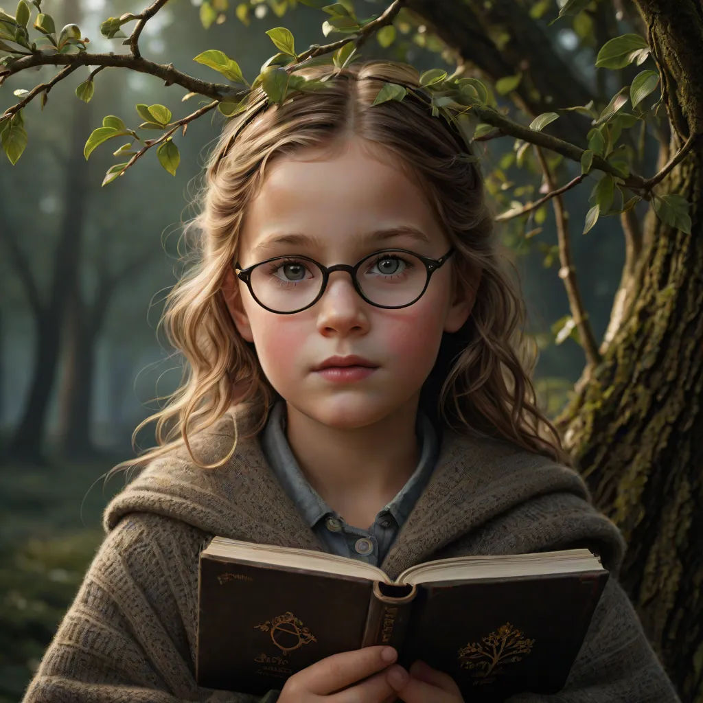 a young girl wearing glasses and holding a book in front of a tree with leaves on it, in a forest, a photorealistic painting, Brad Kunkle, photorealism, ultra realistic digital art