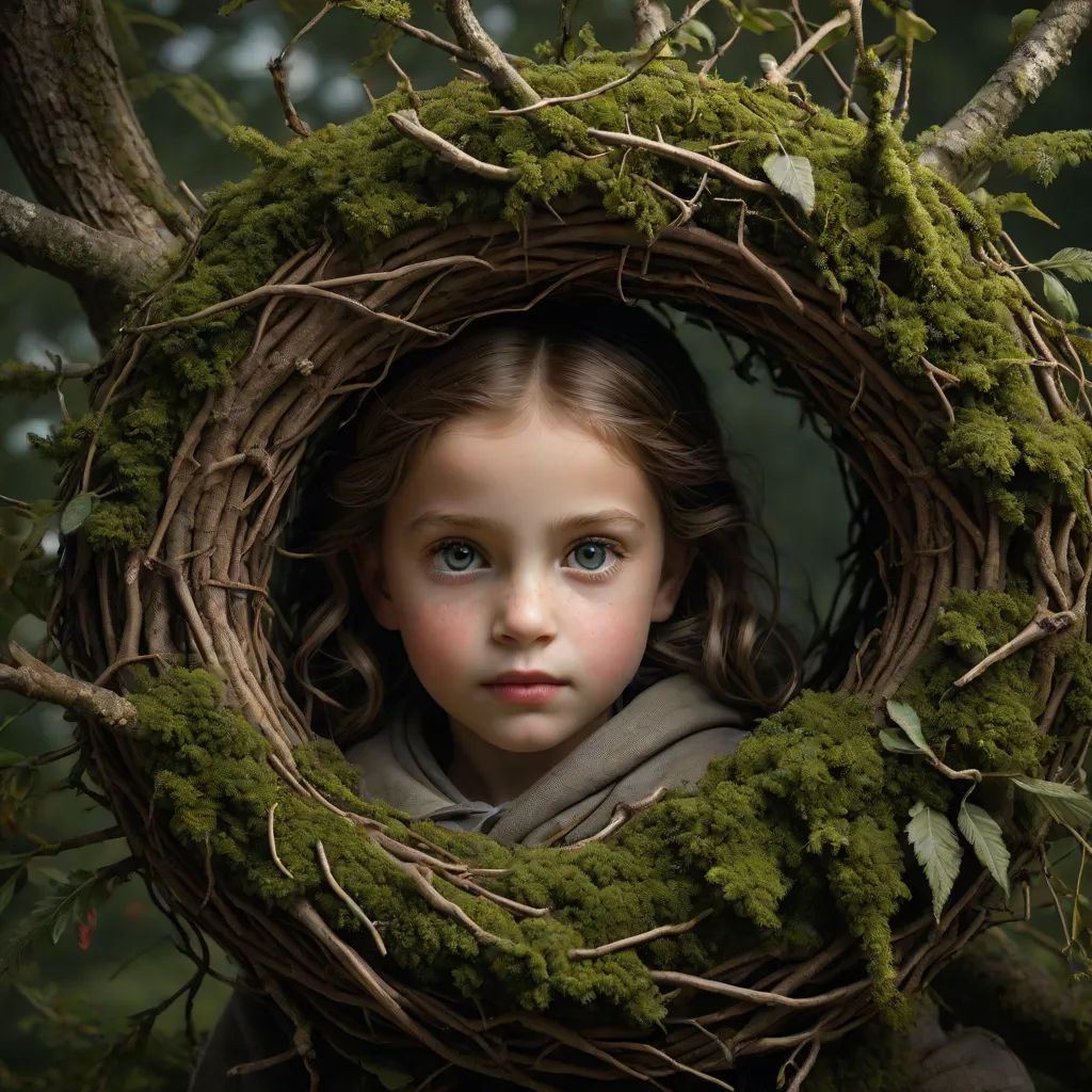 a young girl is holding a wreath made of branches and mossy branches with a blue eyes and a gray scarf, a photorealistic painting, Anne Geddes, visual art, award-winning photograph