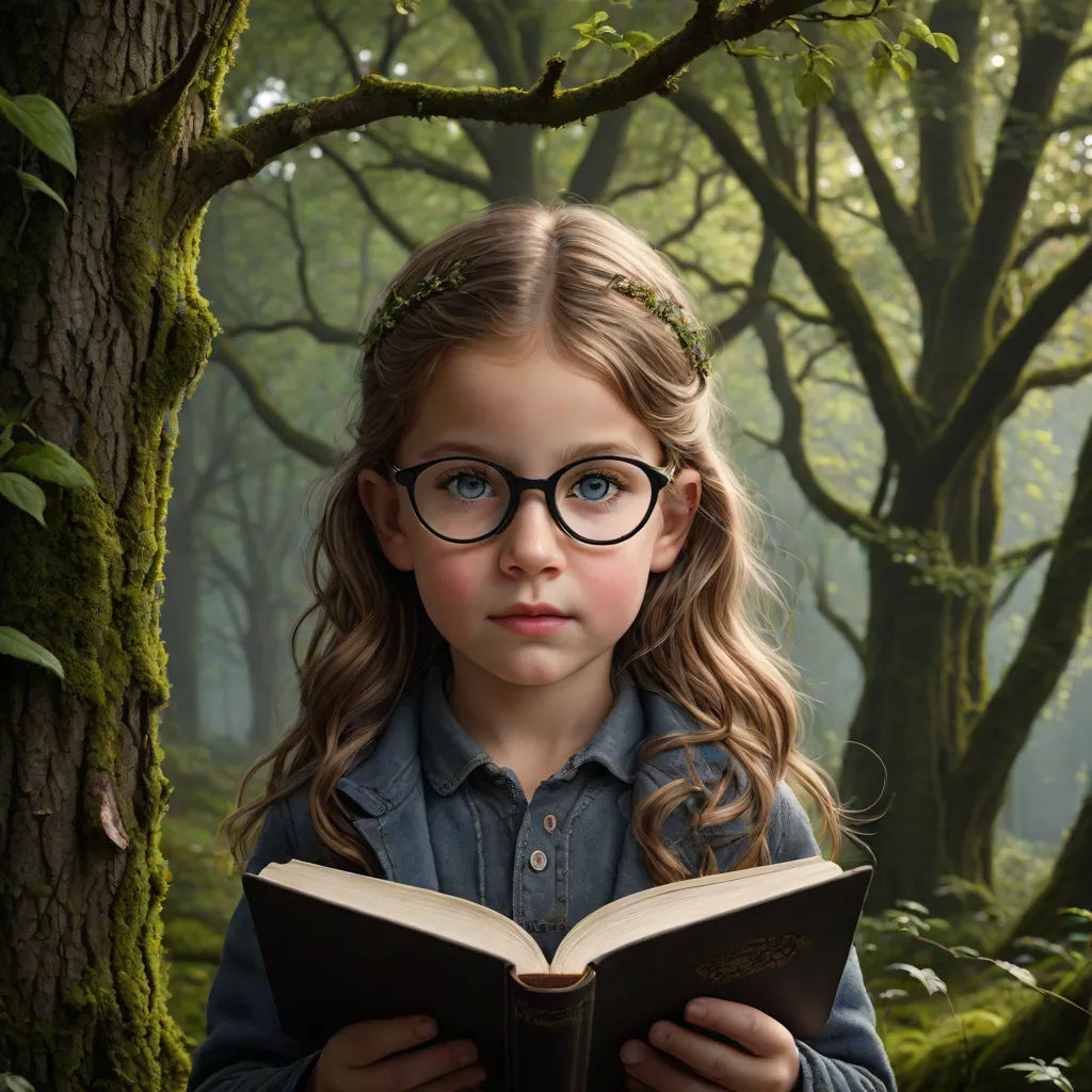 a girl with glasses reading a book in a forest with trees and grass in the background, with a foggy sky, a storybook illustration, Elinor Proby Adams, magical realism, storybook illustration