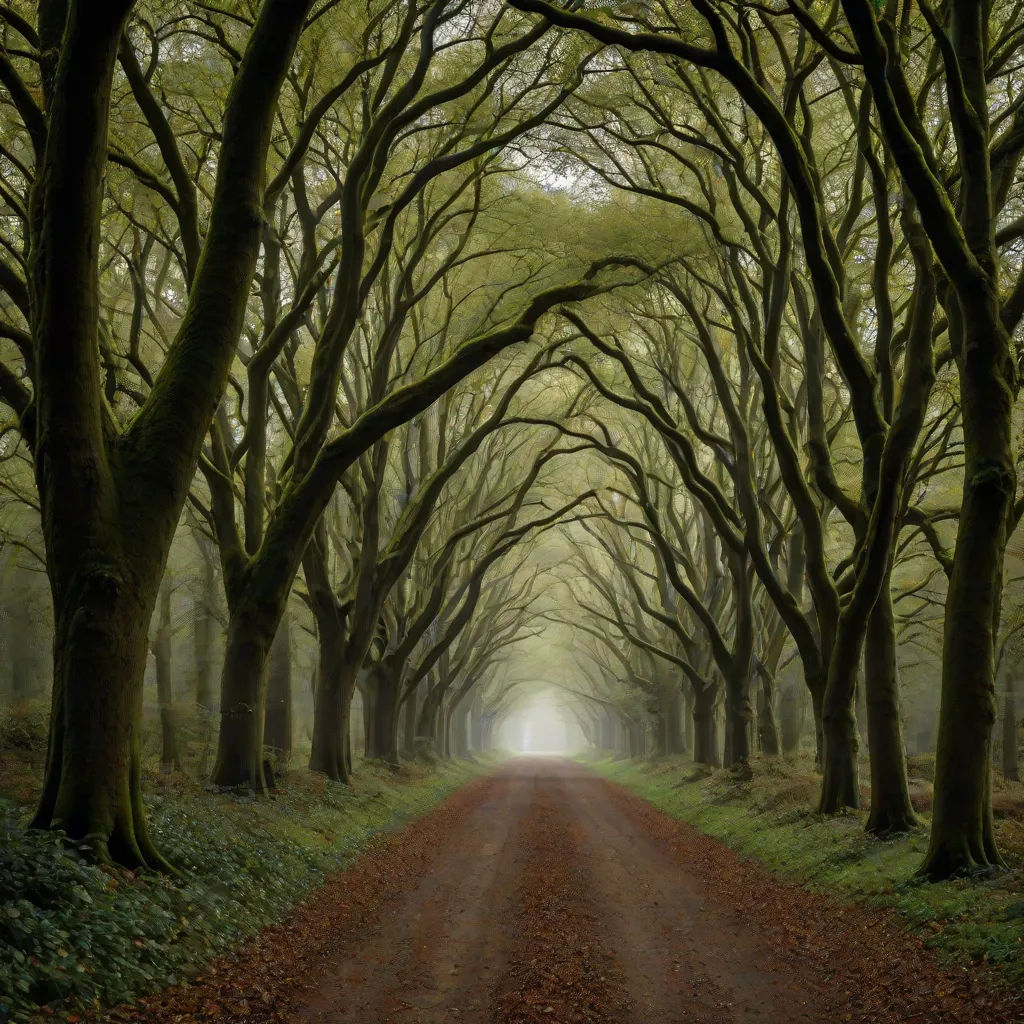 a dirt road surrounded by trees with a tunnel of trees on either side of it and a dirt road leading to the center, a matte painting, Arie Smit, tonalism, award-winning photograph