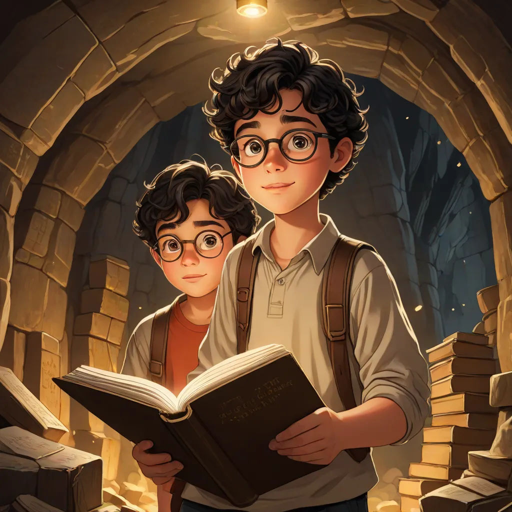 a boy and a boy reading a book in a cave with a light on above them and a cave entrance behind them, a storybook illustration, Diego Gisbert Llorens, sots art, rossdraws global illumination