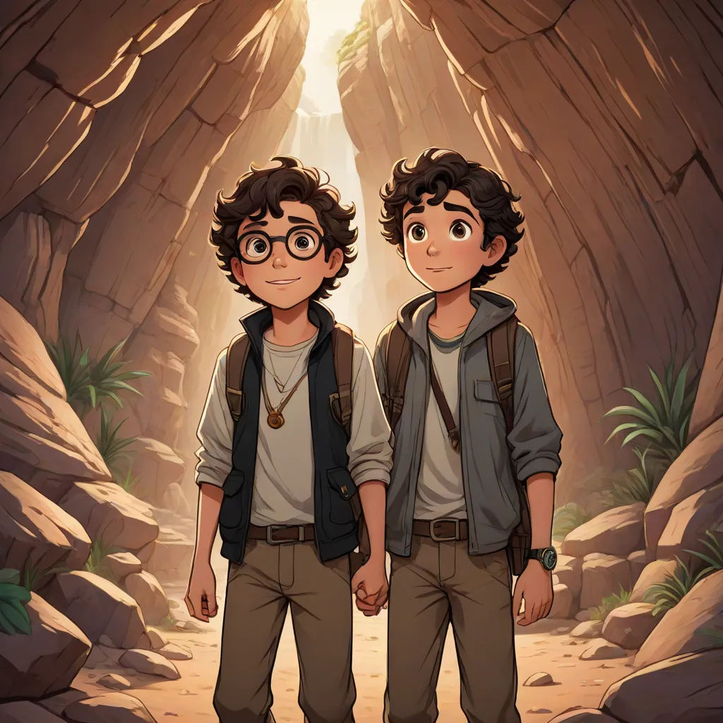 two young men standing in a cave with a light coming through the cave door behind them, both wearing glasses, concept art, Diego Gisbert Llorens, sots art, official art