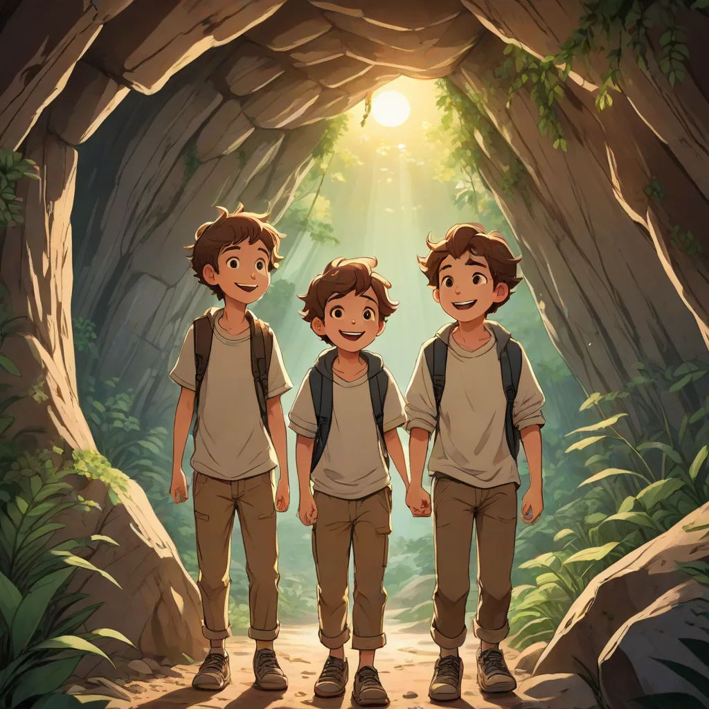 three boys standing in a tunnel with sunlight coming through the trees and a light coming through the trees on the right, concept art, Brothers Hildebrandt, rayonism, official art