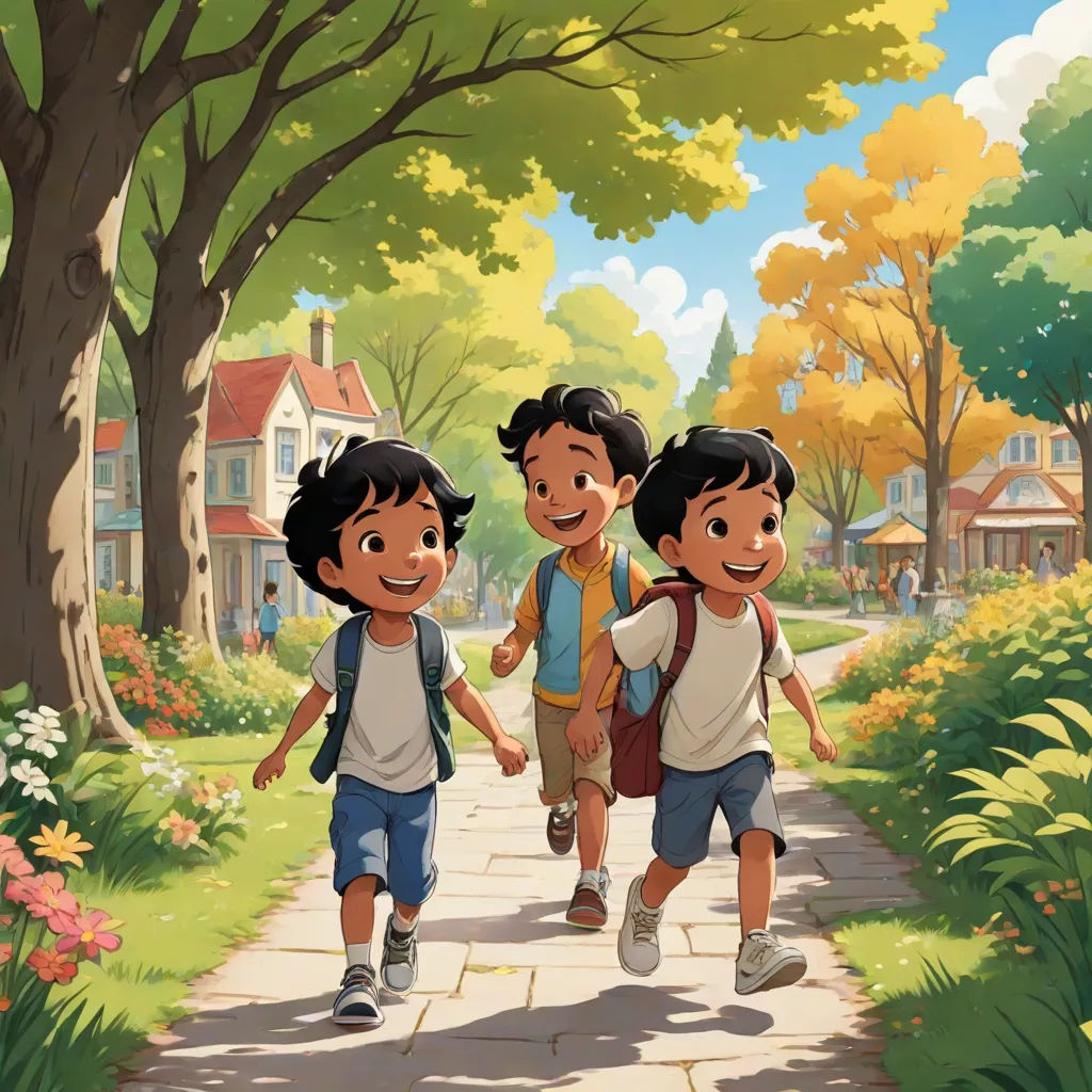 three children walking down a path in a park with trees and flowers on either side of them, with a house in the background, a storybook illustration, Brothers Hildebrandt, american scene painting, official art