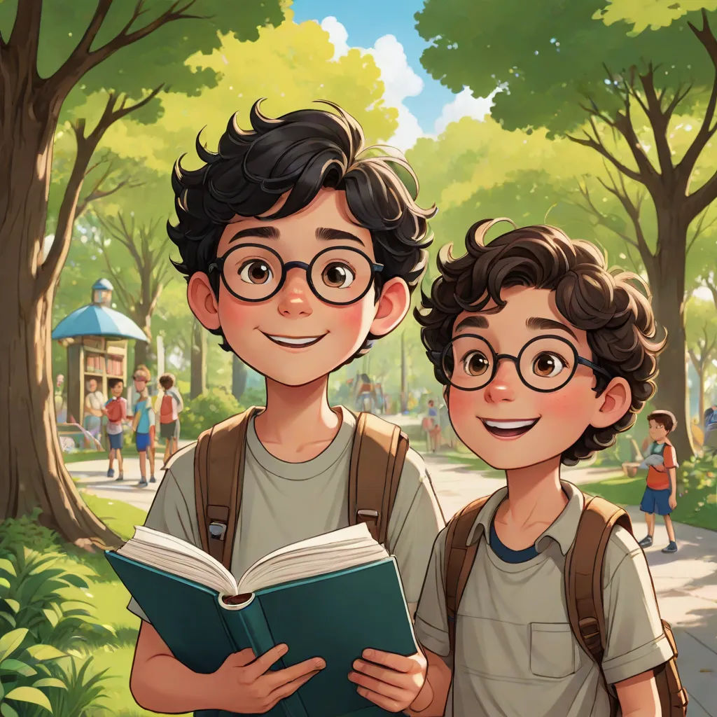 a boy and a boy are standing in the park and reading a book together, with a girl behind them, a storybook illustration, Diego Gisbert Llorens, serial art, official art
