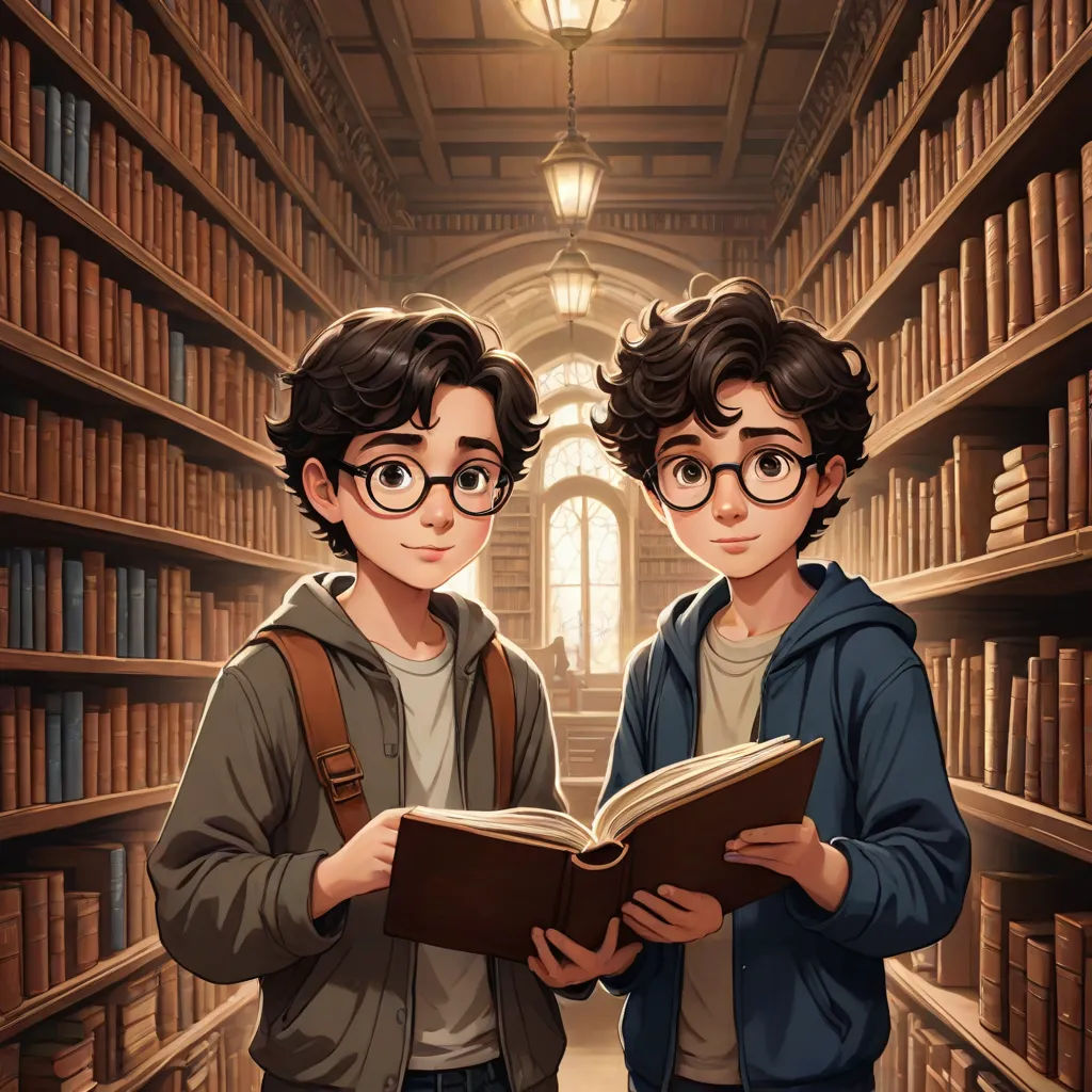 two boys are standing in a library reading a book together and looking at the camera with glasses on their faces, a storybook illustration, Brothers Hildebrandt, sots art, official art