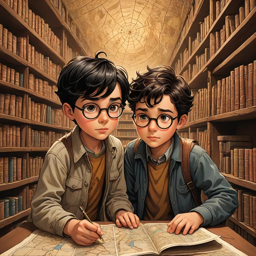 two children are sitting at a table in a library and looking at a book together, with a spider web on the wall, a storybook illustration, Brothers Hildebrandt, fantasy art, official art