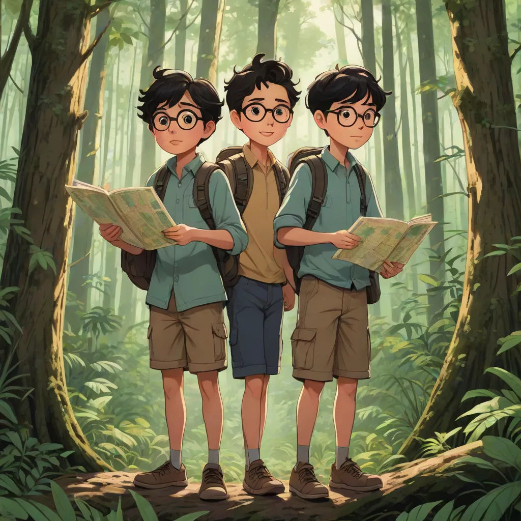 three boys standing in the middle of a forest with a map in their hands and reading a book in front of them, poster art, Brothers Hildebrandt, serial art, official art