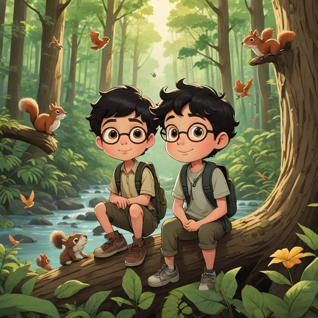 two boys sitting on a log in a forest with a squirrel and a squirrel on the tree trunk, and a squirrel on the ground, a storybook illustration, David Park, sots art, official art