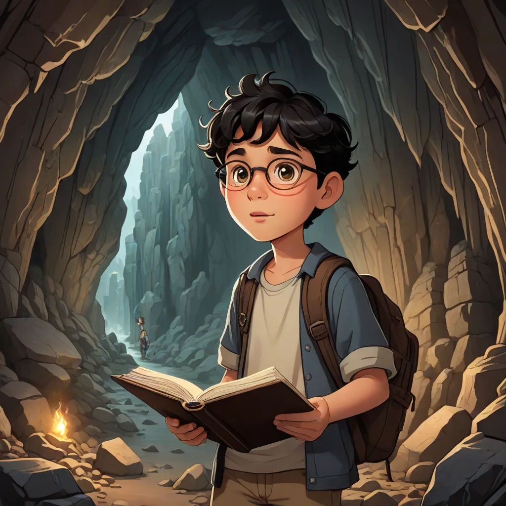 a boy with glasses is reading a book in a cave with a light coming from the entrance to the cave, concept art, Diego Gisbert Llorens, fantasy art, rossdraws global illumination