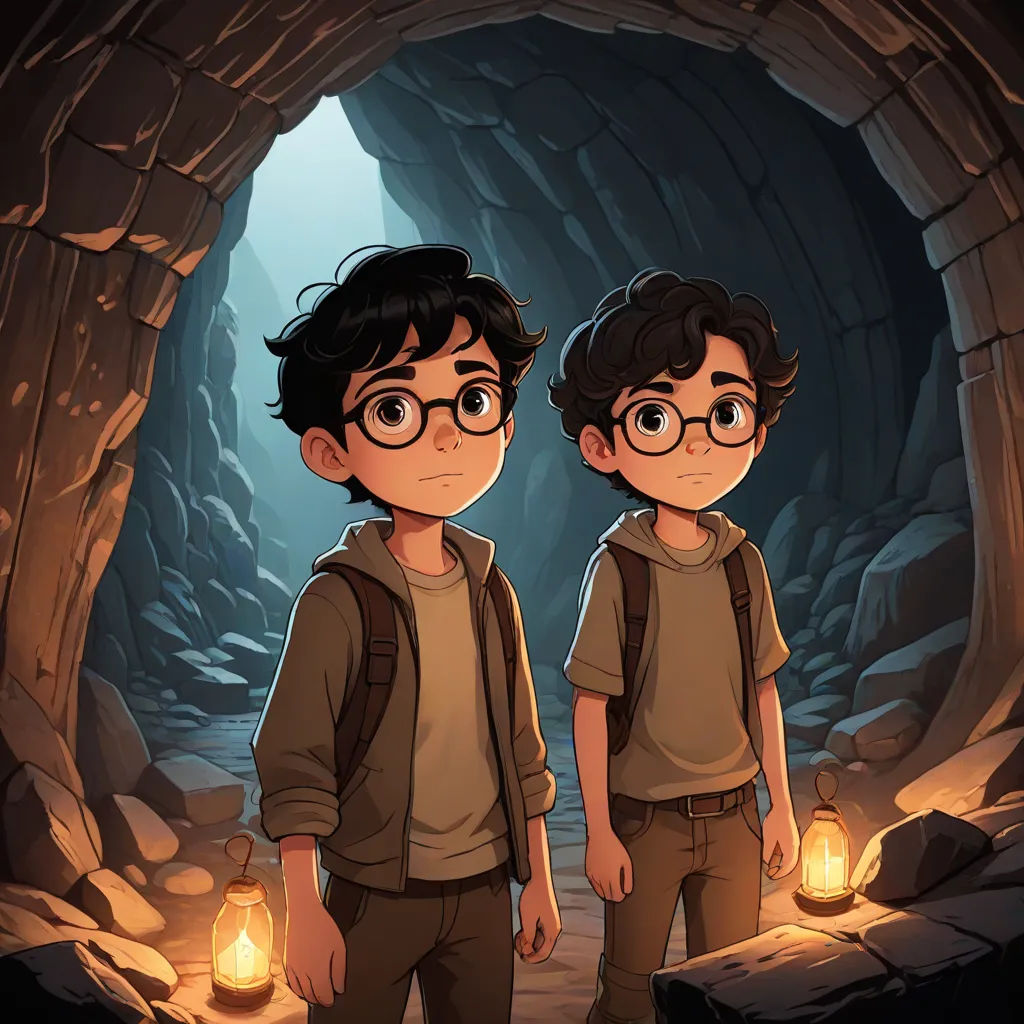 two young boys standing in a cave with a lantern in their hands and a flashlight in their hand, both looking at the camera, concept art, Diego Gisbert Llorens, sots art, rossdraws global illumination