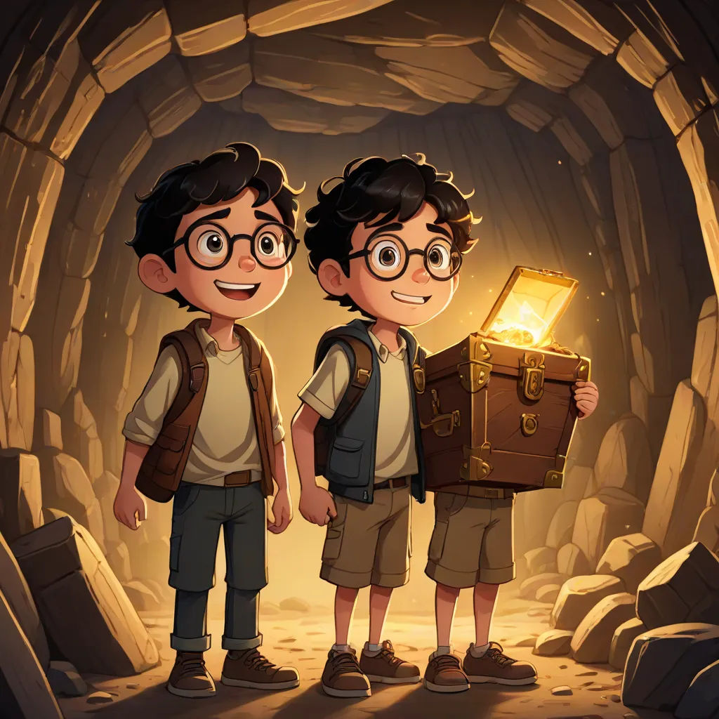 two boys standing in a cave with a chest of gold in their hands and a light in their chest, concept art, Diego Gisbert Llorens, sots art, rossdraws global illumination