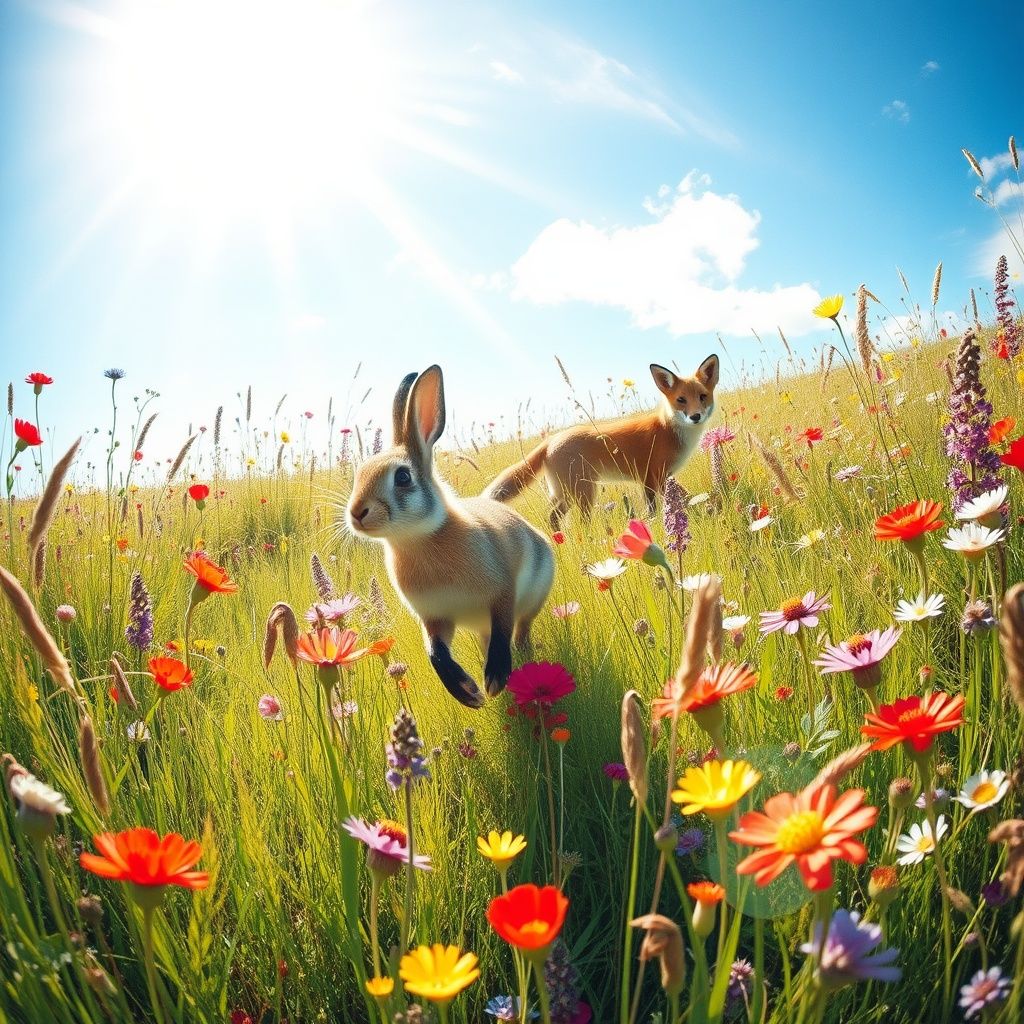 The fox darted through the meadow, its russet fur a blur against the vibrant greens and yellows of the field. With eyes sharp and focused, it pursued its nimble quarry with relentless determination.