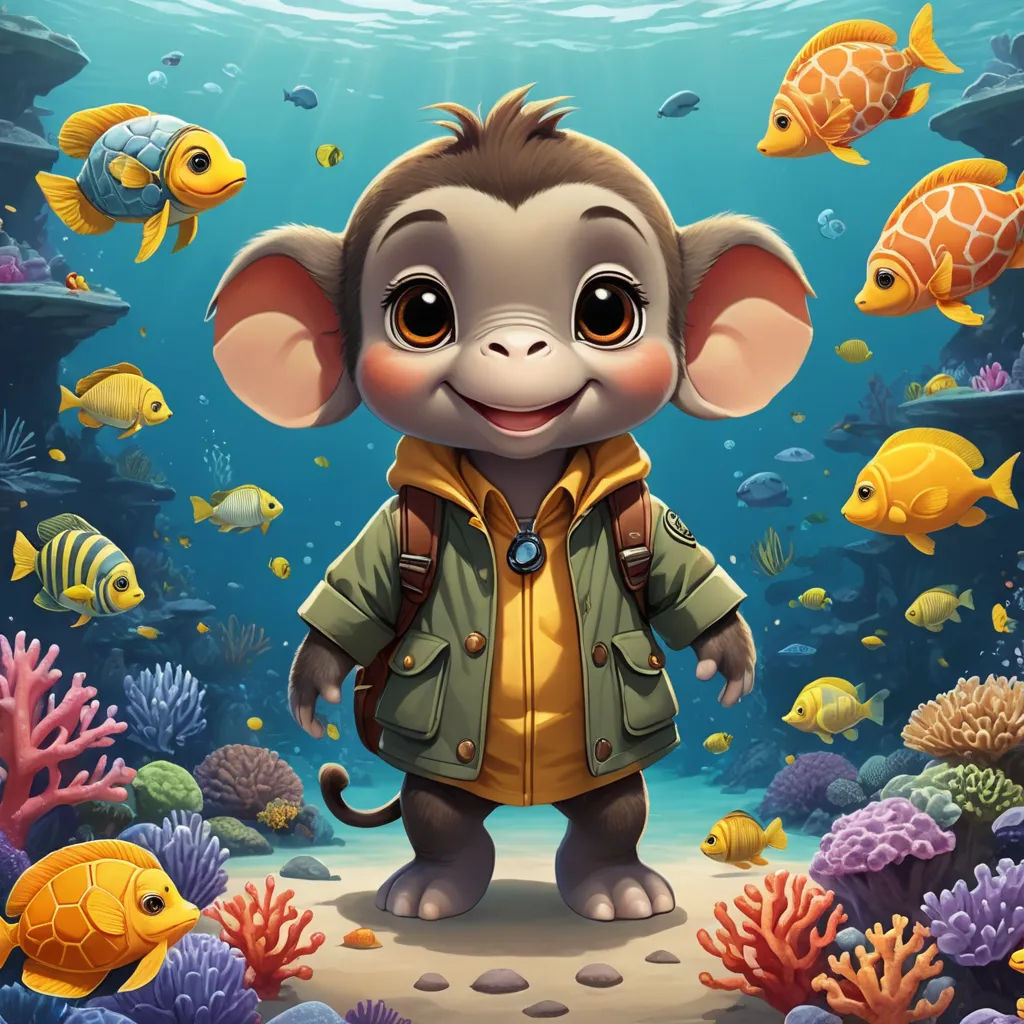 a cartoon monkey wearing a jacket and standing in front of a coral reef with fish and corals around him, pop surrealism, a character portrait, Chris LaBrooy, behance hd