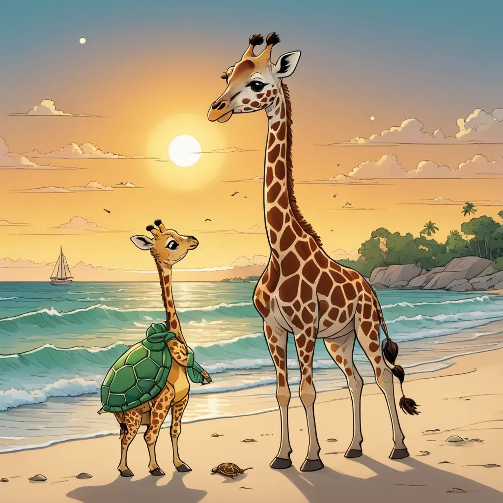 a giraffe and a baby giraffe on a beach at sunset with a boat in the background, pop surrealism, a storybook illustration, Chris LaBrooy, storybook illustration