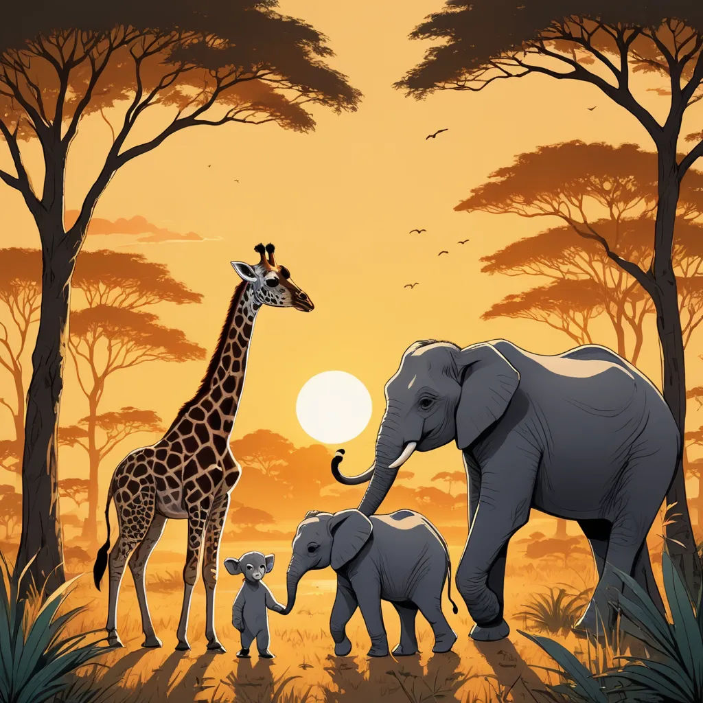 a family of elephants and a giraffe in a sunset scene with trees and a sun setting in the background, dau-al-set, a storybook illustration, Chris LaBrooy, storybook illustration