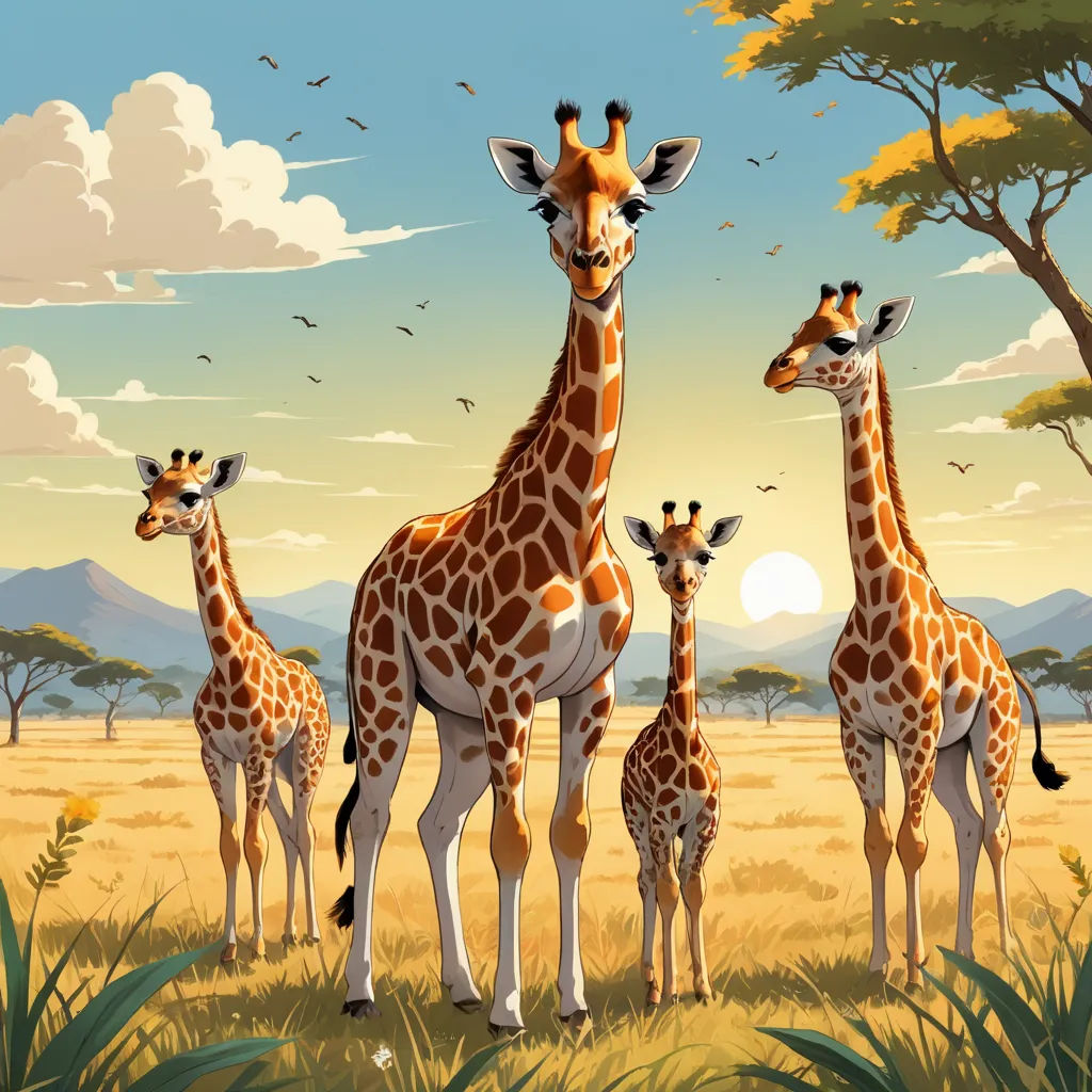 a group of giraffes standing in a field with trees and birds in the background, with a sky background, lyco art, a storybook illustration, Chris LaBrooy, highly detailed digital painting