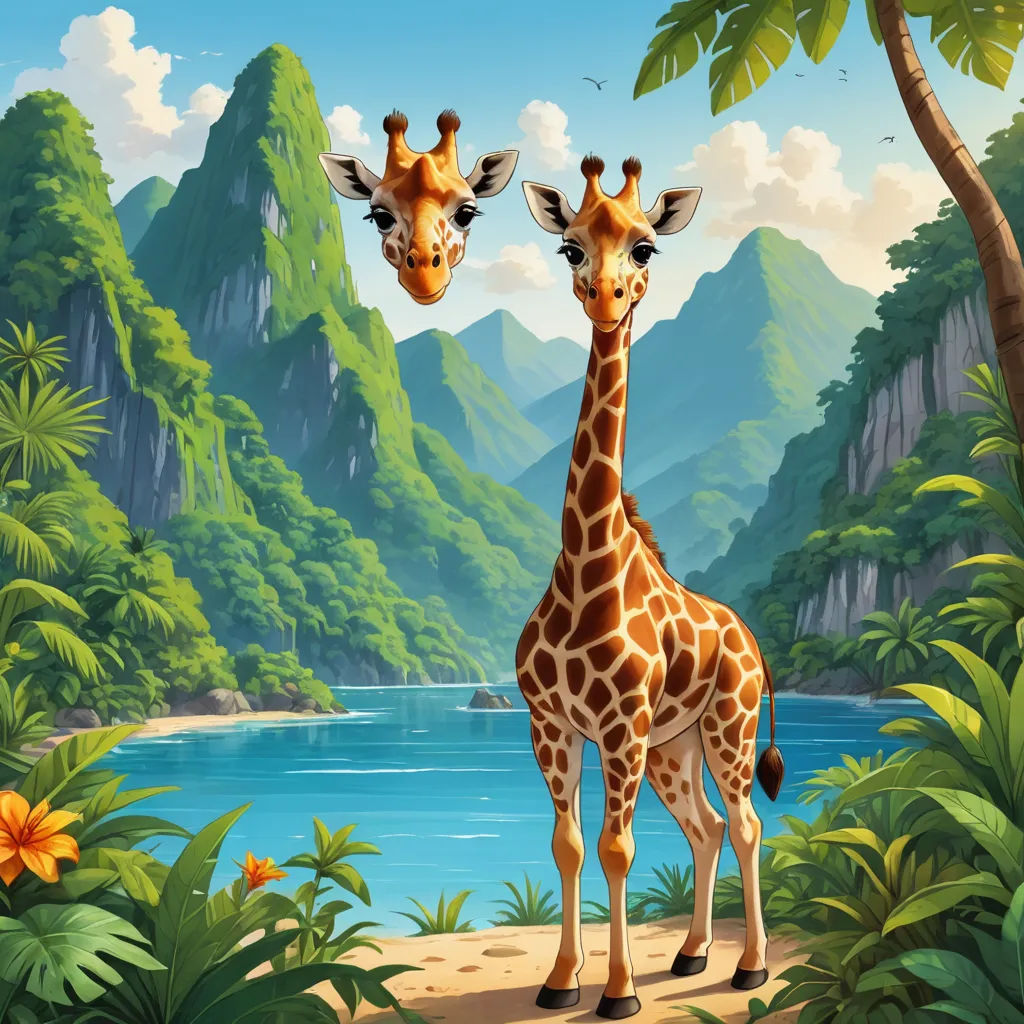 a couple of giraffe standing next to each other on a lush green field next to a river, magic realism, a detailed matte painting, Chris LaBrooy, highly detailed digital painting