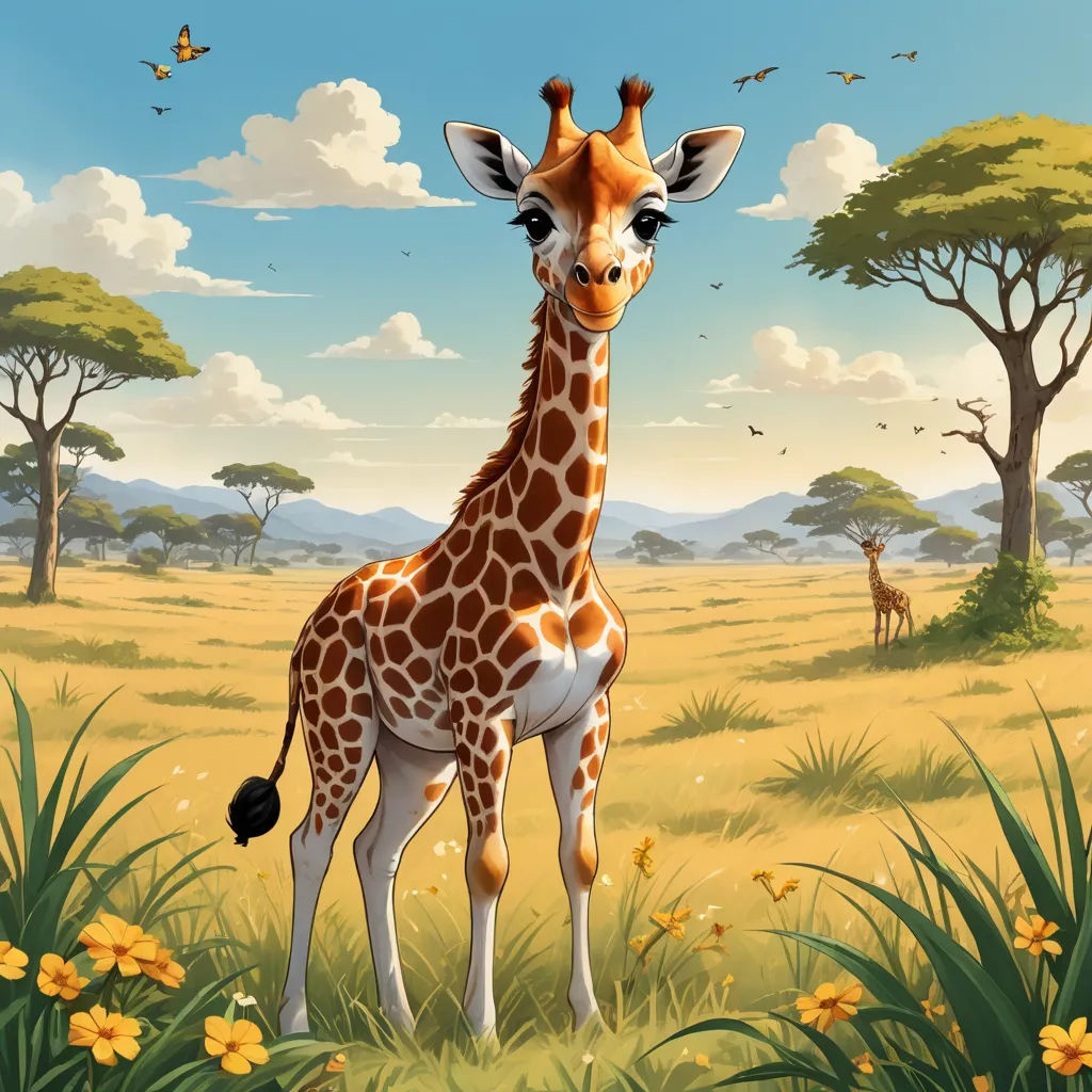 a giraffe standing in a field of grass and flowers with a sky background and trees and birds, fantastic realism, an airbrush painting, Chris LaBrooy, highly detailed digital painting