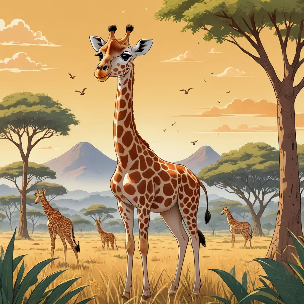 a giraffe standing in a field with other animals in the background and a sunset sky in the background, naturalism, a storybook illustration, Chris LaBrooy, highly detailed digital painting