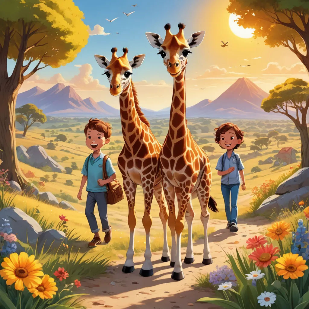 a couple of giraffe standing next to each other on a field of flowers and trees with a man and woman, naive art, a storybook illustration, Chris LaBrooy, promotional image