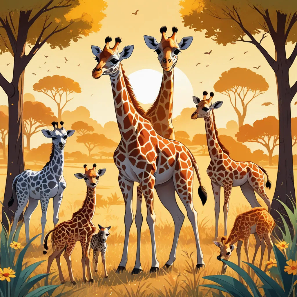 a group of giraffes standing in a field with trees and flowers in the background, with a sun setting behind them, naive art, a storybook illustration, Chris LaBrooy, highly detailed digital art