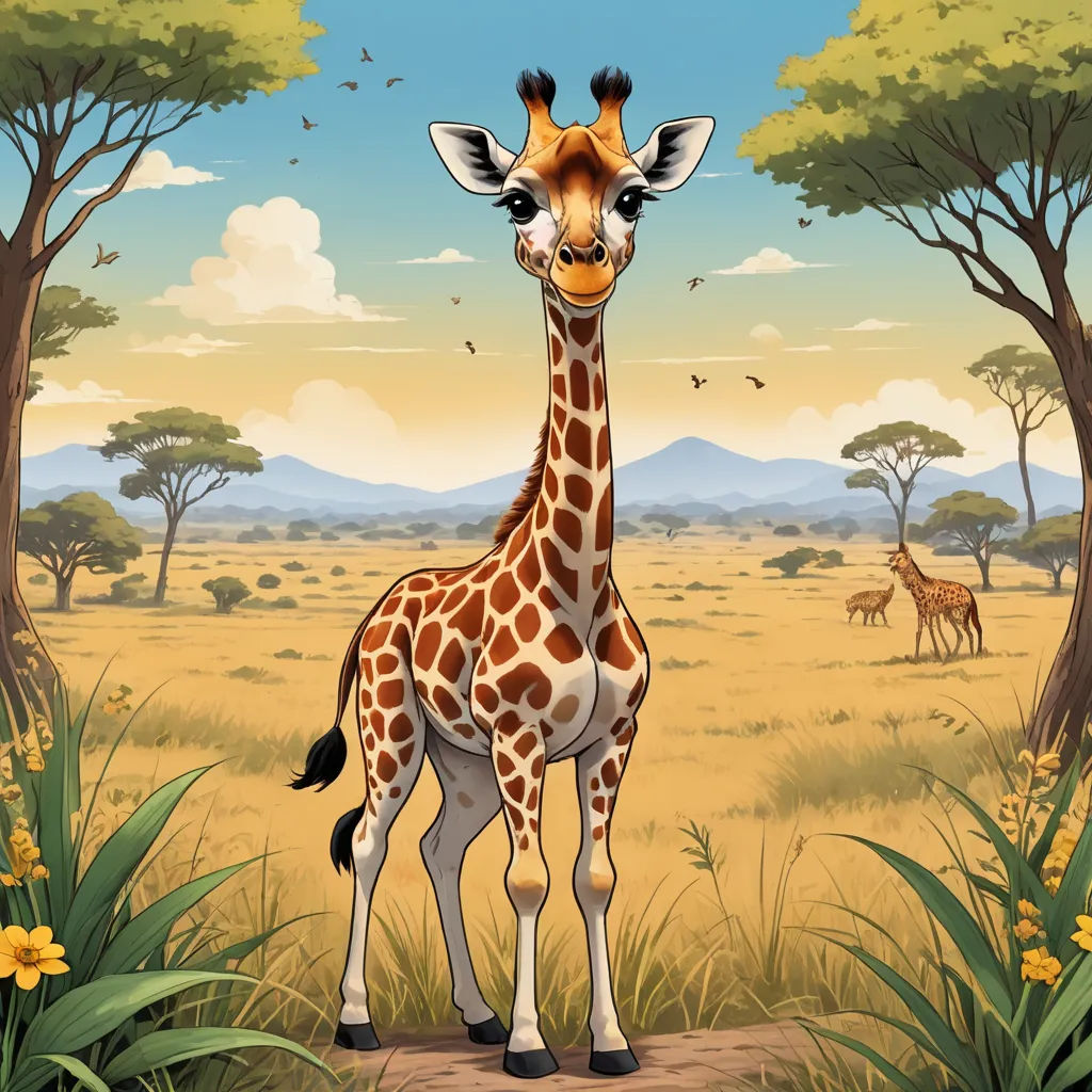 a giraffe standing in a field with trees and flowers in the background and a sky with clouds, lyco art, a storybook illustration, Chris LaBrooy, highly detailed digital art