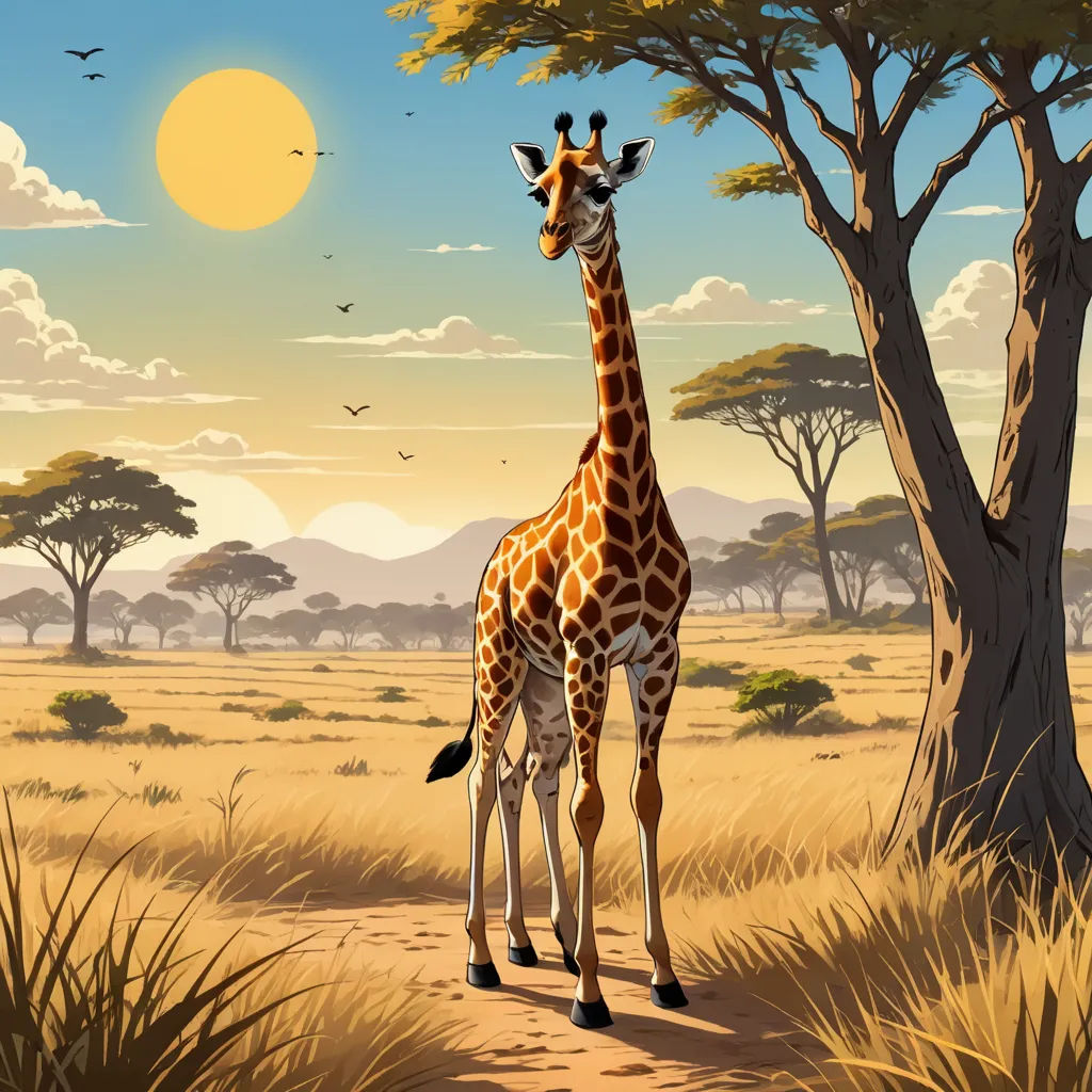 a giraffe standing in a field next to a tree and a bird flying in the sky above, lyco art, a storybook illustration, Chris LaBrooy, highly detailed digital painting