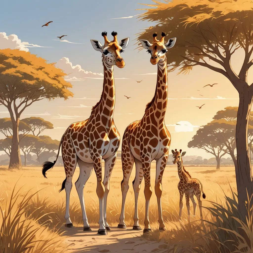 a couple of giraffe standing next to each other on a field of grass and trees with birds flying overhead, fantastic realism, a storybook illustration, Chris LaBrooy, highly detailed digital painting