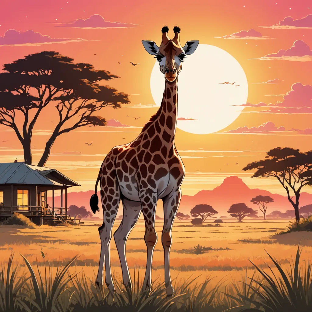 a giraffe standing in a field with a sunset in the background and a hut in the foreground, fantastic realism, a storybook illustration, Chris LaBrooy, highly detailed digital painting