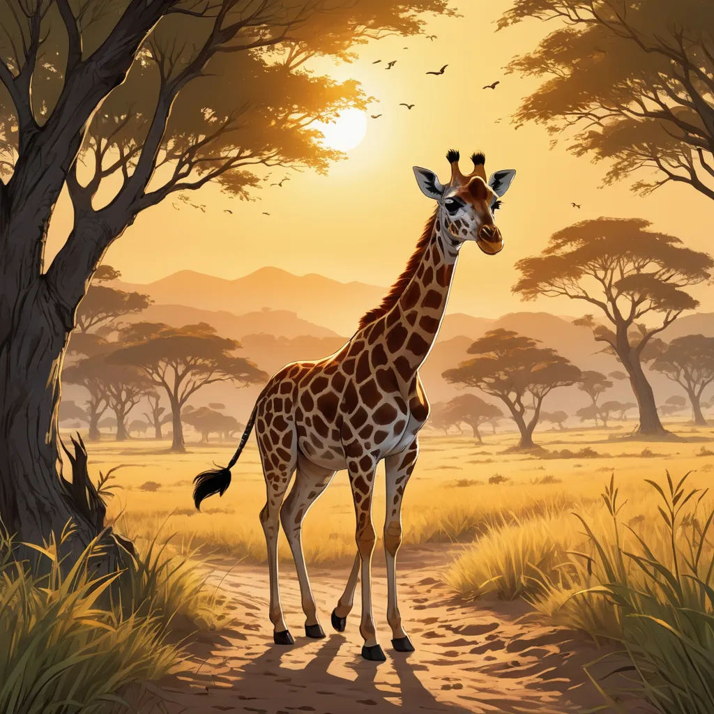a giraffe standing in the middle of a dirt road near a tree and a field with birds, fantastic realism, an airbrush painting, Chris LaBrooy, highly detailed digital painting