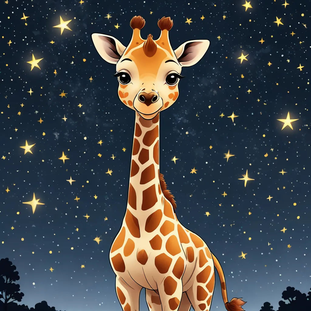 a giraffe standing in the middle of a field with stars in the sky above it and a forest below, space art, a storybook illustration, Chris LaBrooy, night sky
