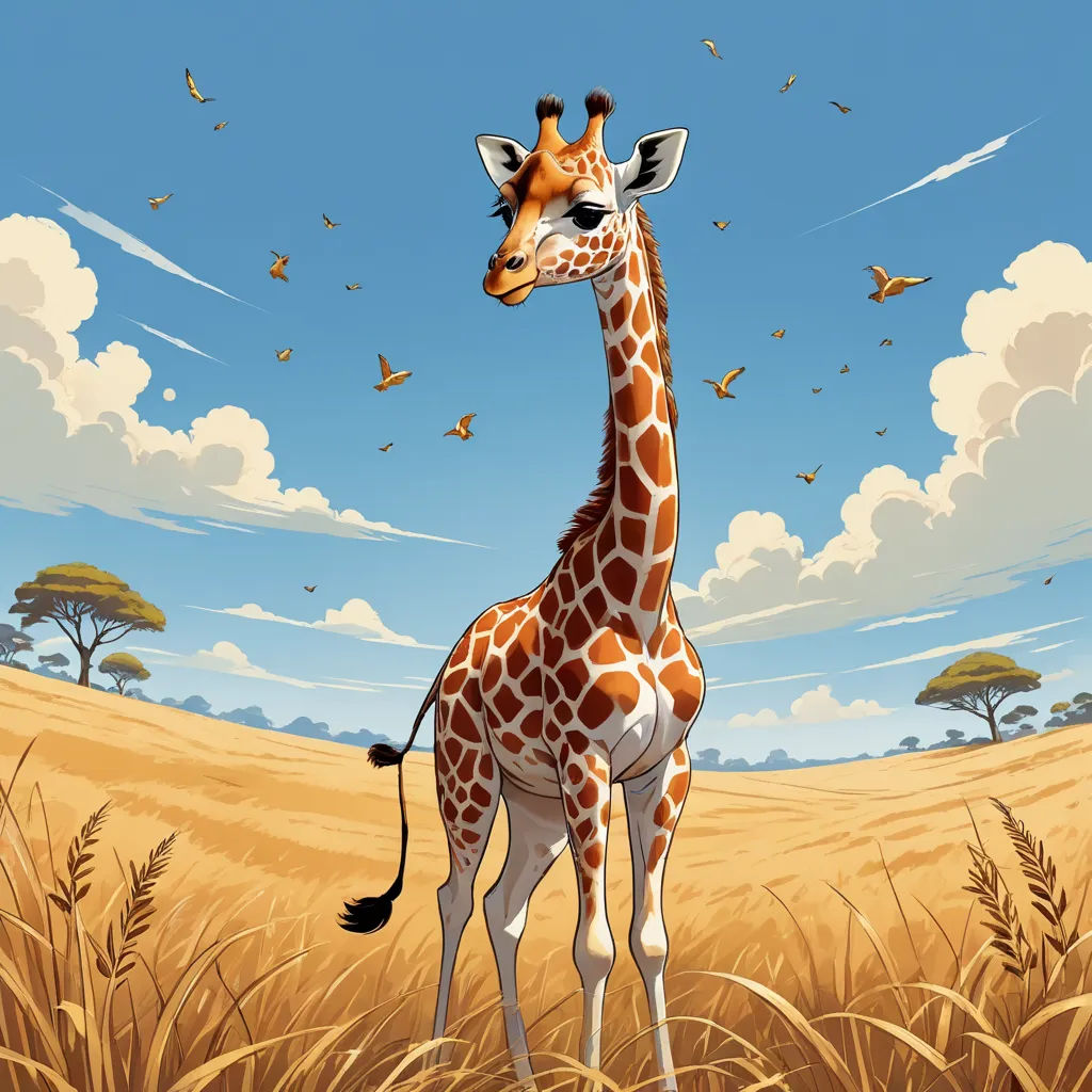 a giraffe standing in a field of tall grass with a sky background and a few birds flying overhead, fantastic realism, an airbrush painting, Chris LaBrooy, highly detailed digital art