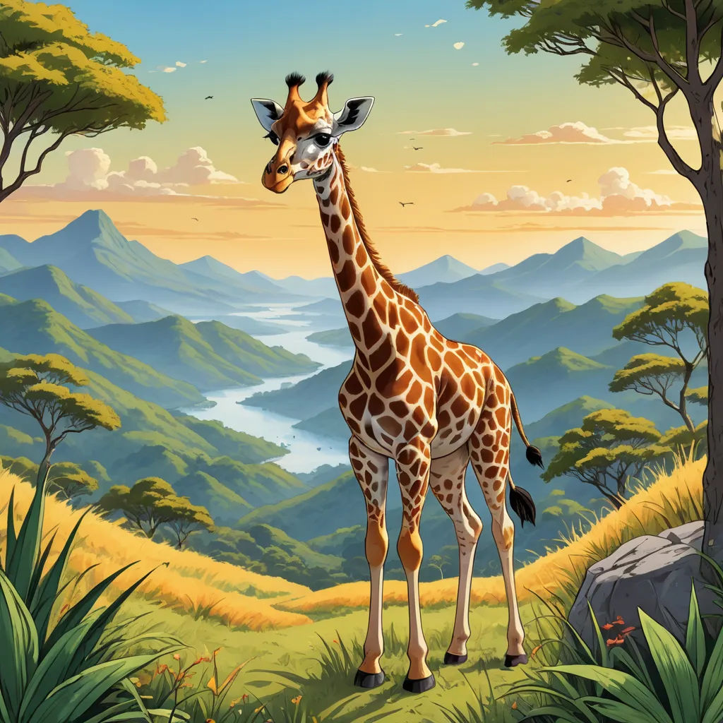 a giraffe standing in a lush green field next to a forest filled with trees and mountains with a sunset in the background, magic realism, a storybook illustration, Chris LaBrooy, highly detailed digital painting