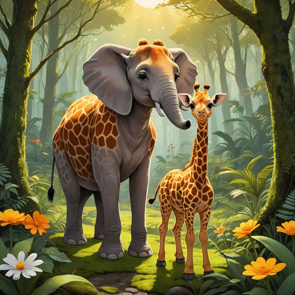a baby giraffe standing next to an adult giraffe in a forest with flowers and trees, magic realism, a storybook illustration, Chris LaBrooy, promotional image