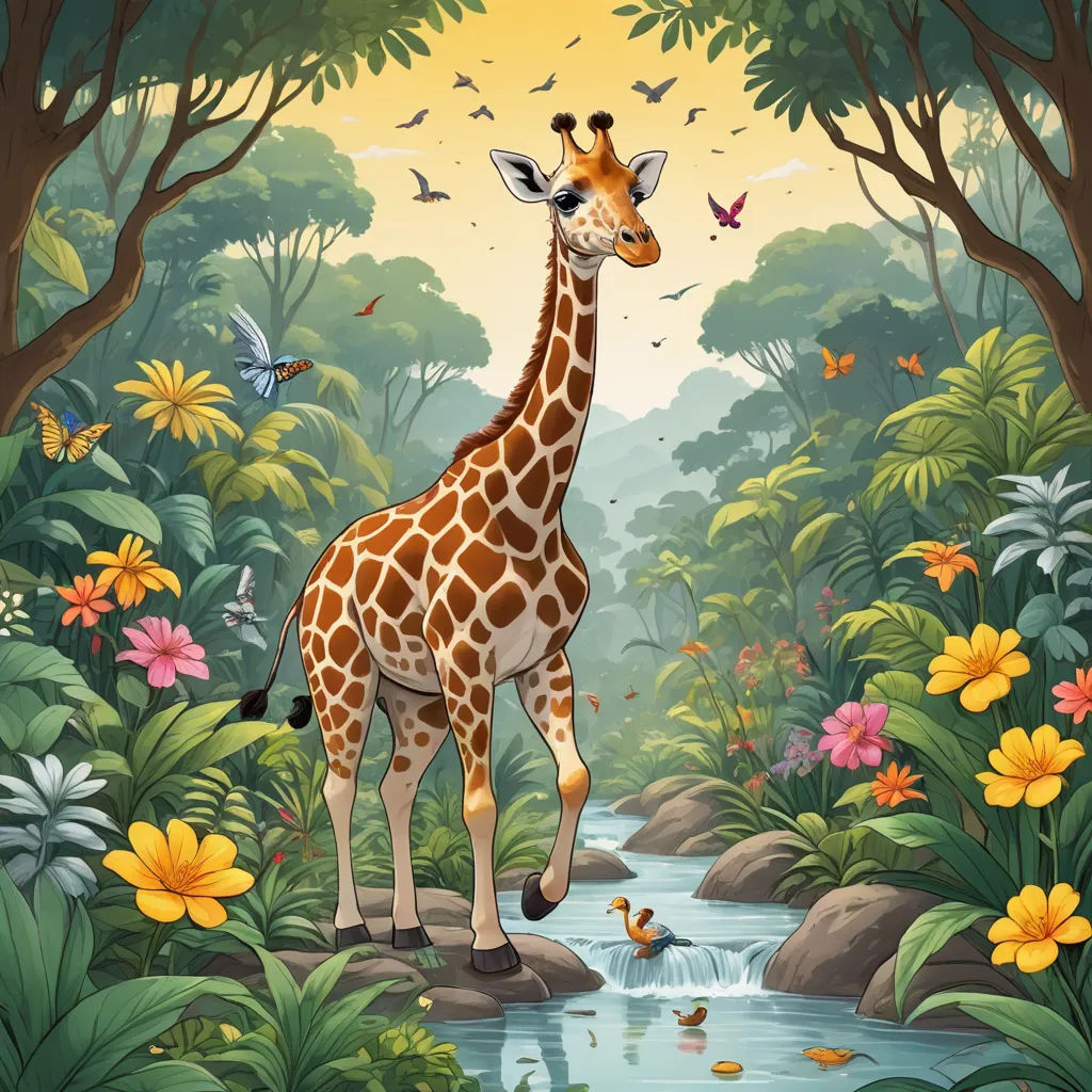 a giraffe standing in a jungle with a stream of water and butterflies flying around it, and a forest scene with flowers and trees, naive art, a storybook illustration, Chris LaBrooy, highly detailed digital art
