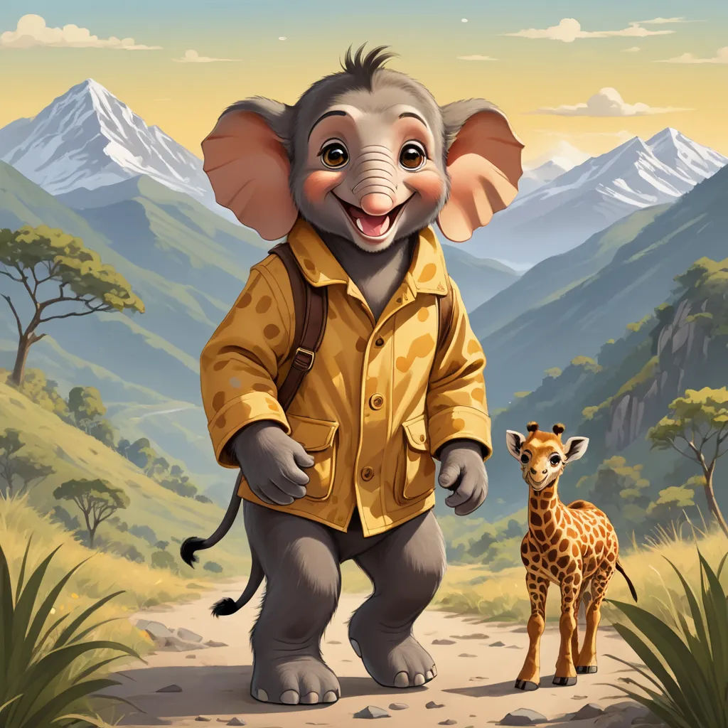 a cartoon elephant standing next to a giraffe on a dirt road with mountains in the background and a sky with clouds, naive art, a storybook illustration, Chris LaBrooy, storybook illustration