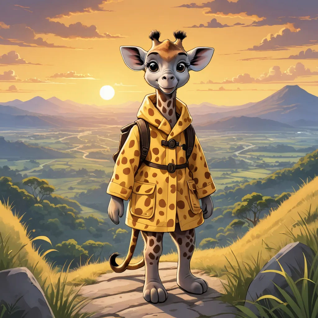 a giraffe in a yellow raincoat standing on a path in a field with mountains in the background, furry art, a character portrait, Chris LaBrooy, promotional image