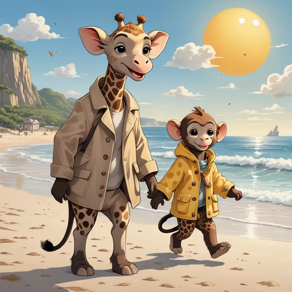 a cartoon of a giraffe and a monkey on a beach with the sun in the background and a person walking on the beach, furry art, an oil painting, Cliff Childs, promotional image