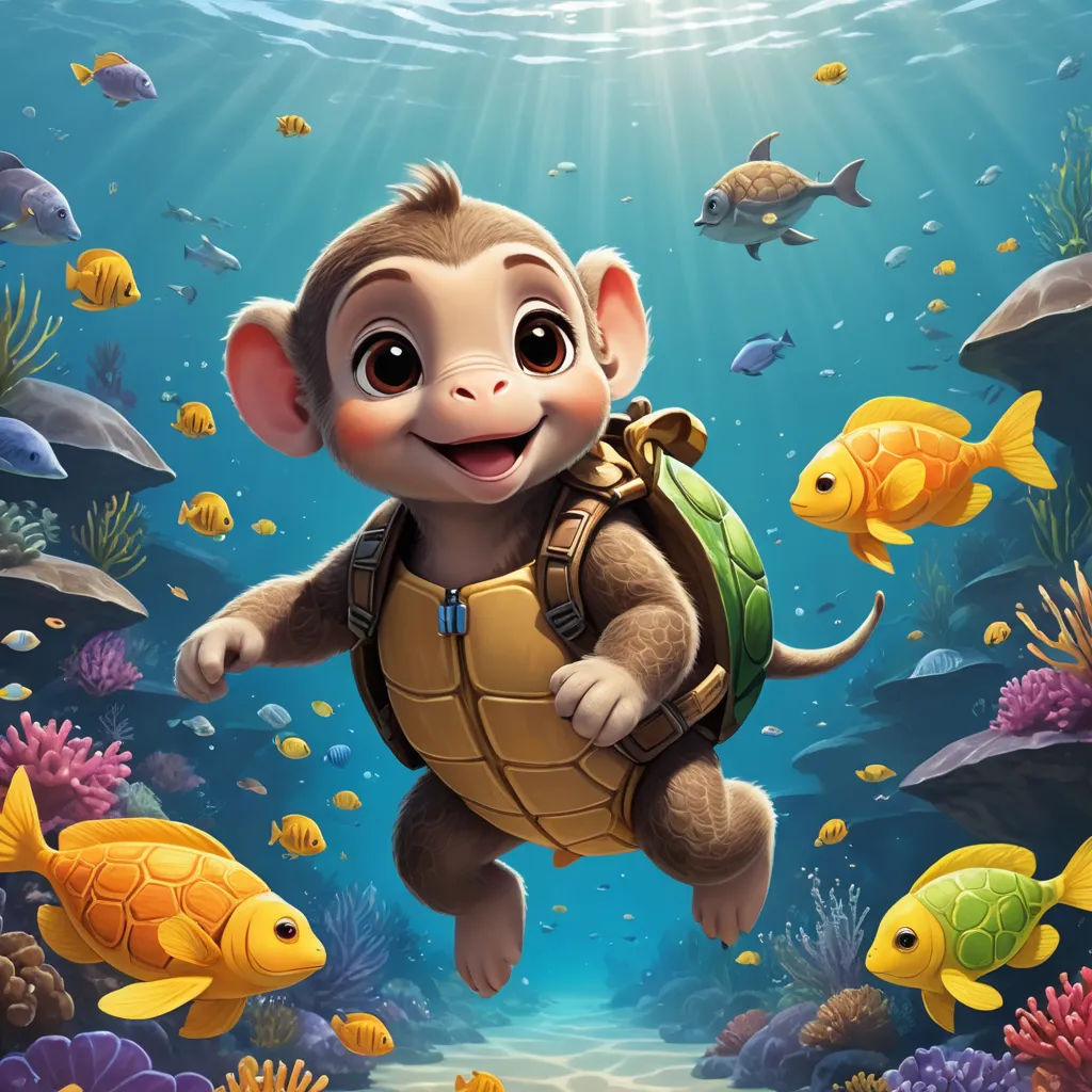 a monkey is swimming in the ocean with a backpack on his back and a fish in the background, and a fish in the water, sots art, a storybook illustration, Cliff Childs, behance hd