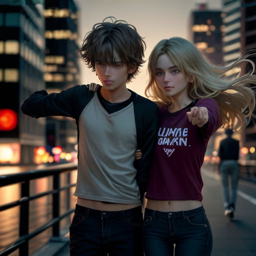 a couple of people standing next to each other on a sidewalk in a city at night time with buildings in the background