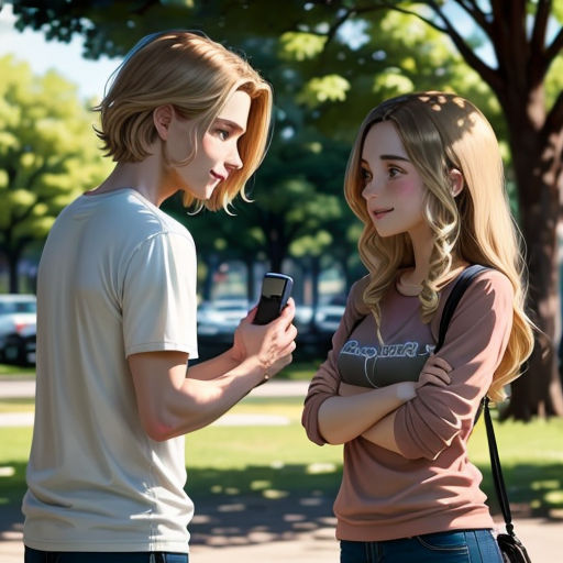 a couple of people standing next to each other on a street corner with a cell phone in their hand