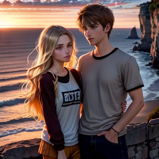 a couple standing next to each other near the ocean at sunset with the sun setting behind them and the ocean in the background