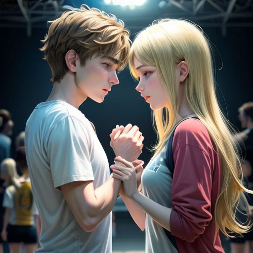 a couple of people standing next to each other in front of a crowd of people holding hands together in front of a stage
