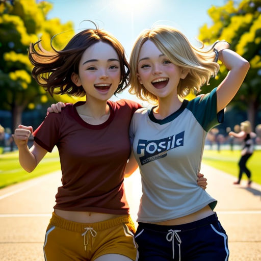 two young women are posing for a picture together in a park with a sun shining behind them and trees